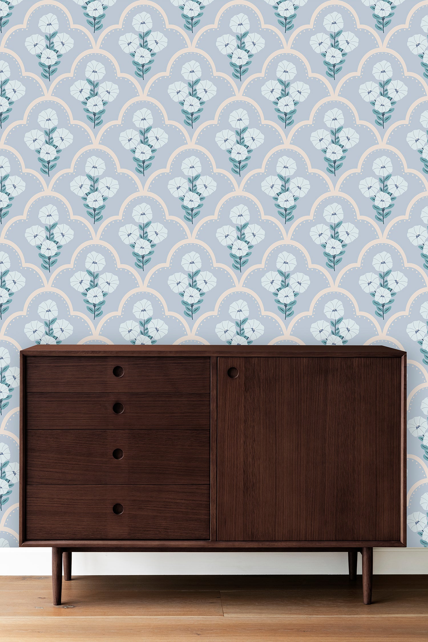 Mallow Bindweed Light Blue peel and stick wallpaper room mockup